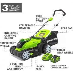 GreenWorks MO40B411 40-Volt 17-Inch Cordless Brushed Lawn Mower Kit - 2508302 Lawn & Outdoor Power