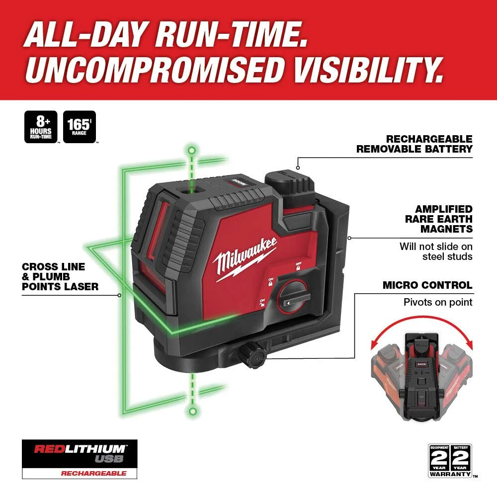 Tools & Equipment Milwaukee 3522-21 REDLITHIUM USB Rechargeable Green Cross W/ Plumb Points Laser 4 Tools & Equipment Milwaukee 3522-21 REDLITHIUM USB Rechargeable Green Cross W/ Plumb Points Laser
