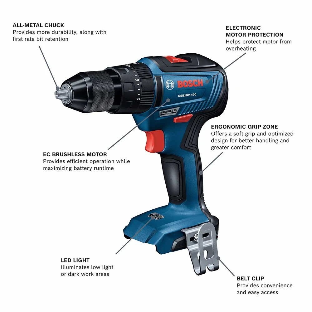 Bosch GSB18V-490N 18V 1/2" EC Brushless Hammer Drill/Driver - Bare Tool | High-Performance Power Drill 4 Tools & Equipment Bosch GSB18V-490N 18V 1/2" EC Brushless Hammer Drill/Driver - Bare Tool