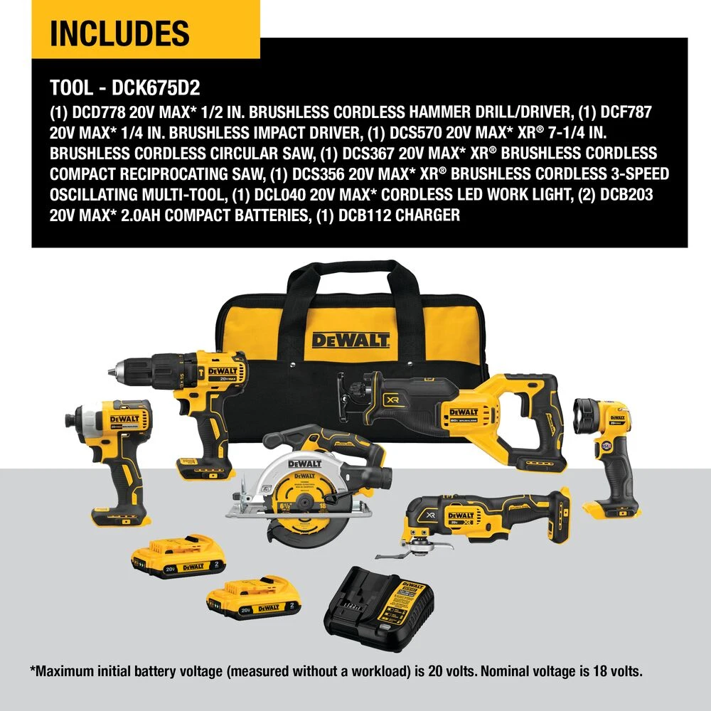 DeWALT DCK675D2 20V Brushless 6 Tool Combo Kit with 2 - 2.0AH Battery & Charger 4 Tools & Equipment DeWALT DCK675D2 20V Brushless 6 Tool Combo Kit W/ 2 - 2.0AH Battery / Charger