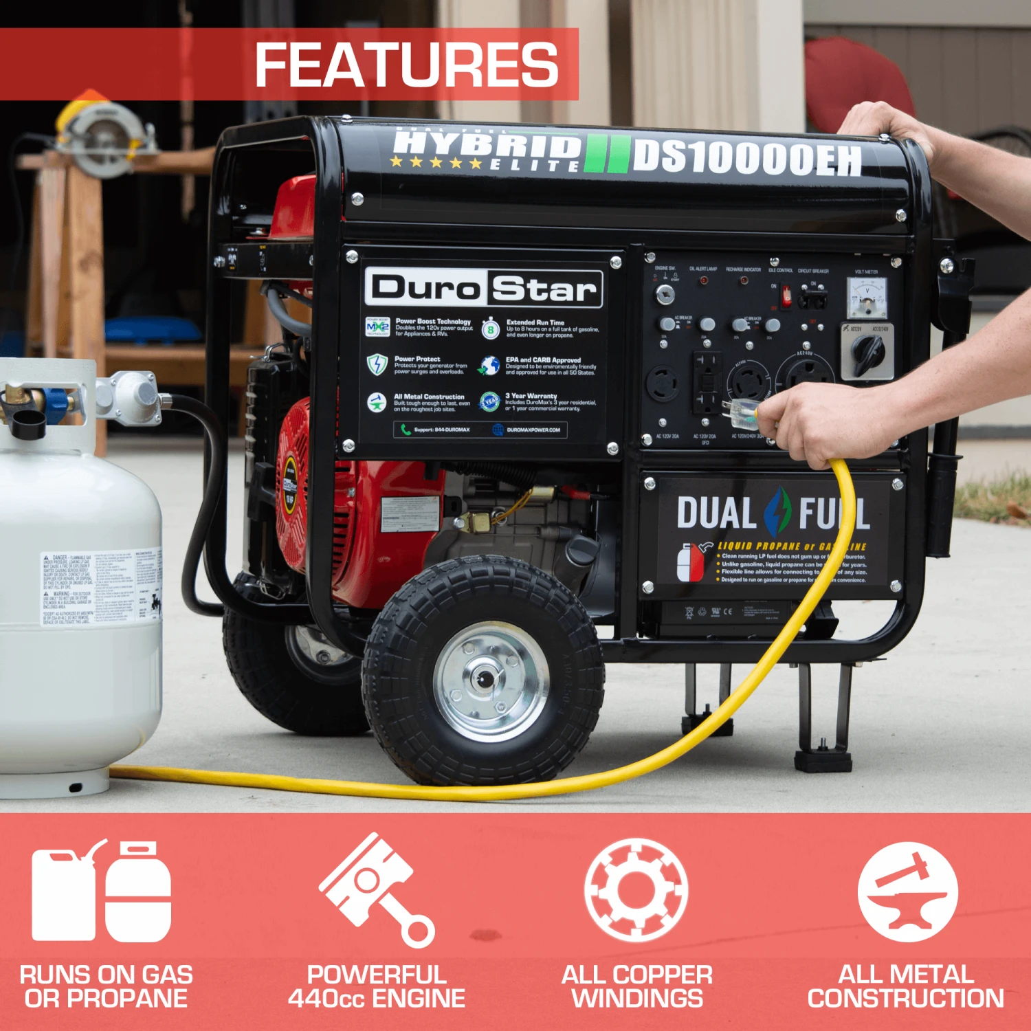 DuroStar DS10000EH 10,000W Dual Fuel Portable Generator with Electric Start | Home & Jobsite Backup Power 4 Dual Fuel Generators DuroStar DS10000EH 10,000W 439cc Dual Fuel Portable Generator W/ Electric Start