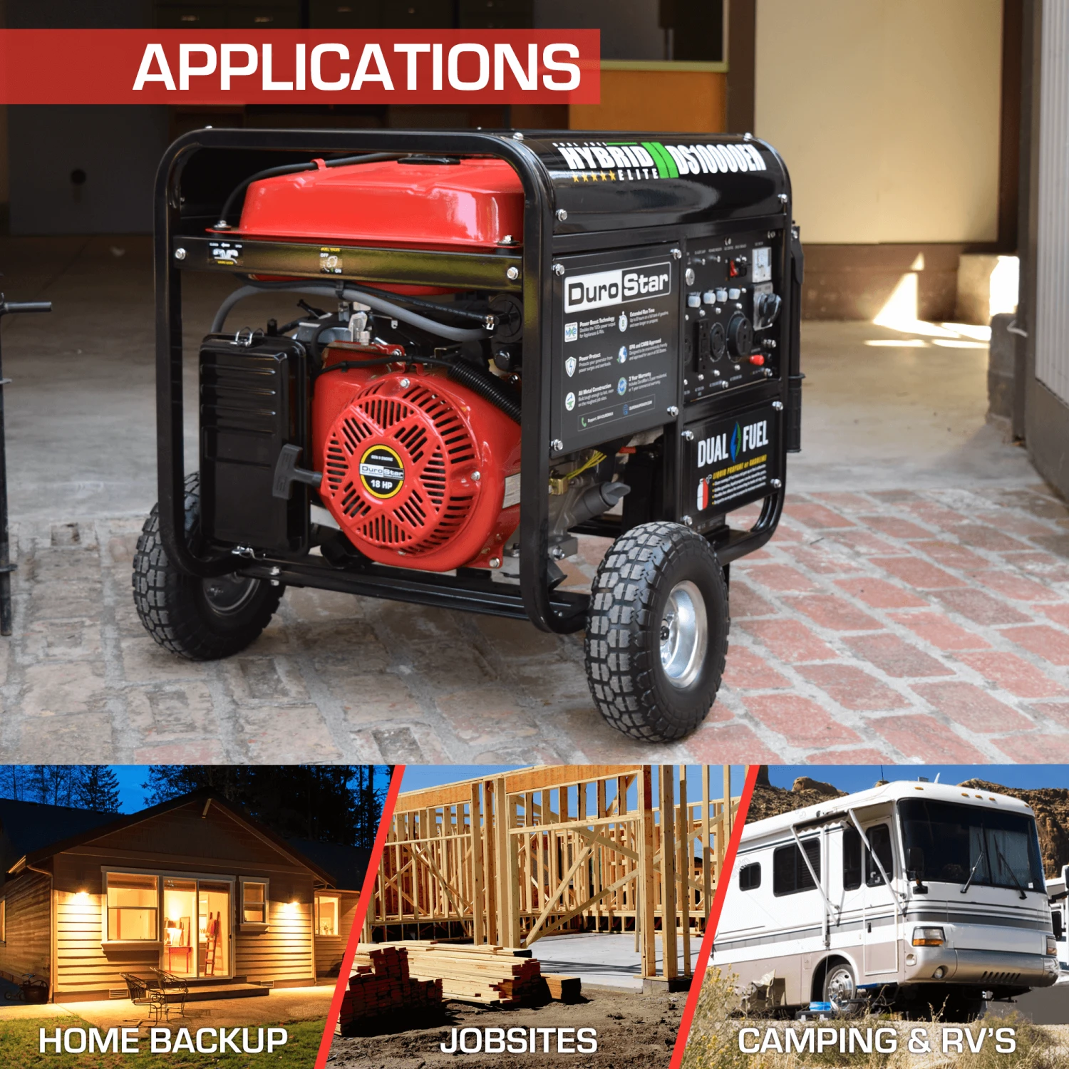 DuroStar DS10000EH 10,000W Dual Fuel Portable Generator with Electric Start | Home & Jobsite Backup Power 5 Dual Fuel Generators DuroStar DS10000EH 10,000W 439cc Dual Fuel Portable Generator W/ Electric Start