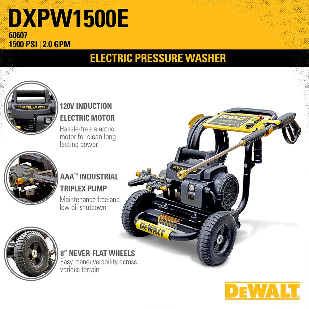 DeWALT DXPW1500E 1,500-PSI 2.0-GPM Cold Water Commercial Pressure Washer for Lawn & Outdoor Cleaning 11 DeWALT DXPW1500E 1,500-Psi 2.0-Gpm Cold Water Commercial Pressure Washer Lawn & Outdoor Power