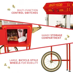 FunTime FT454CR 4oz Red Popcorn Popper Machine Maker Cart Vintage Style Home Goods