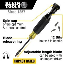 Klein 32304 14-in-1 HVAC Adjustable-Length Impact Screwdriver W/ Flip Socket Tools & Equipment
