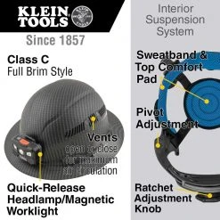 Tools & Equipment Klein 60347 Hard Hat Premium KARBN Vented Full Brim Class C W/ Headlamp