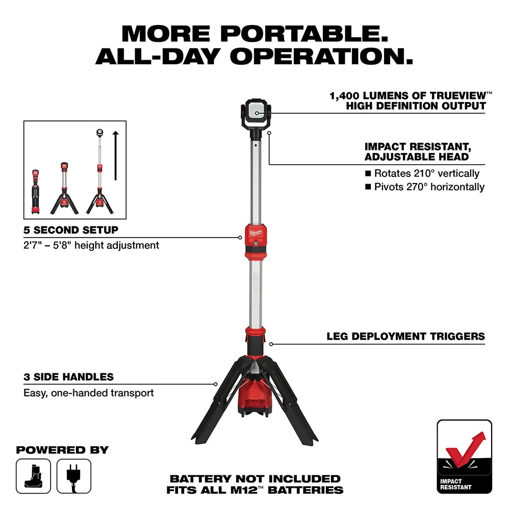 Tools & Equipment Milwaukee 2132-20 M12 12V 1,400-Lumen Dual Power Tower Light - Bare Tool 4 Tools & Equipment Milwaukee 2132-20 M12 12V 1,400-Lumen Dual Power Tower Light - Bare Tool