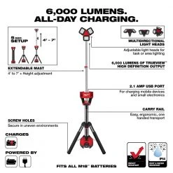 Milwaukee 2136-21 M18 18V ROCKET 6000 Lumens Cordless Tower Light/Charger Kit
