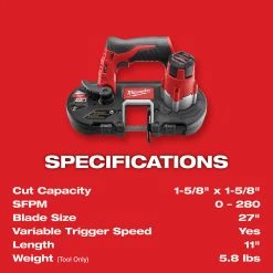 Milwaukee 2429-20 M12 12V Cordless 18 TPI Sub-Compact Band Saw Blade - Bare Tool