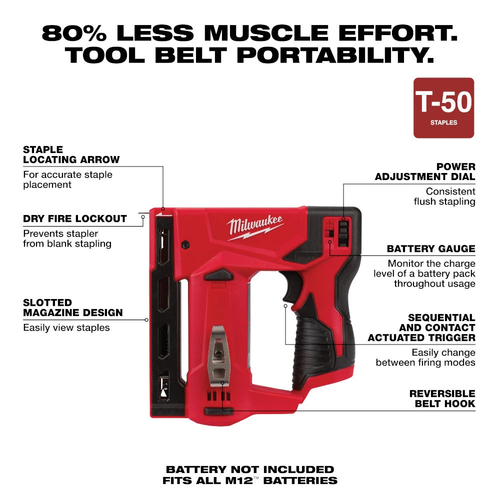 Milwaukee 2447-20 M12 12V 3/8" Cordless Li-Ion Crown Stapler - Bare Tool Tools & Equipment 5 Milwaukee 2447-20 M12 12V 3/8" Cordless Li-Ion Crown Stapler - Bare Tool Tools & Equipment