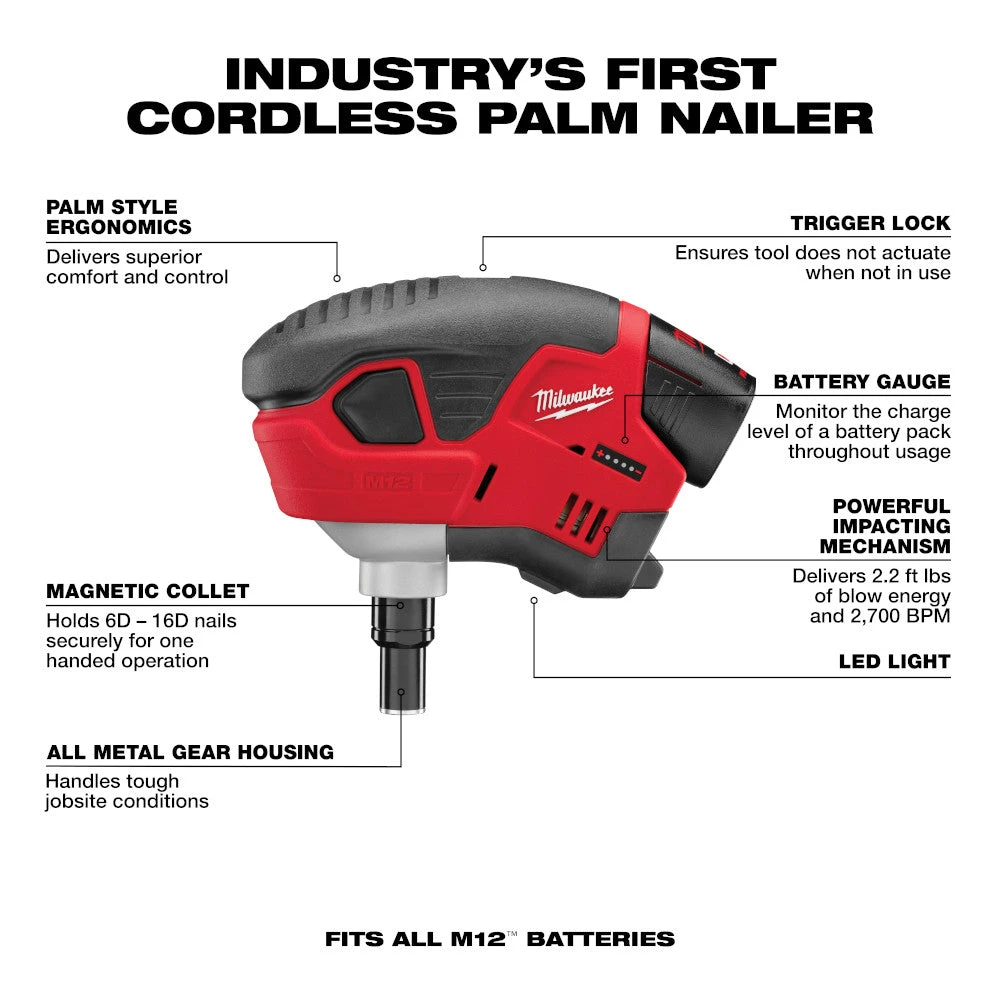 Milwaukee 2458-21 M12 12V Lithium-Ion Palm Nailer Kit Tools & Equipment 5 Milwaukee 2458-21 M12 12V Lithium-Ion Palm Nailer Kit Tools & Equipment
