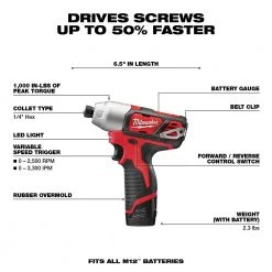 Milwaukee 2462-22 M12 12V 1/4-Inch Hex Impact Driver Kit 11 Milwaukee 2462-22 M12 12V 1/4-Inch Hex Impact Driver Kit