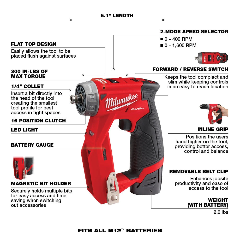 Tools & Equipment Milwaukee 2505-22 M12 FUEL 12V Brushless Installation 4-in-1 Drill/Driver Kit 10 Tools & Equipment Milwaukee 2505-22 M12 FUEL 12V Brushless Installation 4-in-1 Drill/Driver Kit