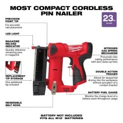 Milwaukee 2540-20 M12 12V 23 Gauge Compact Cordless Pin Nailer - Bare Tool Tools & Equipment