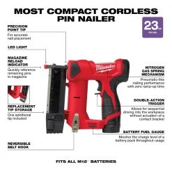 Milwaukee 2540-21 M12 12V 23 Gauge Lightweight Compact Cordless Pin Nailer Kit 19 Milwaukee 2540-21 M12 12V 23 Gauge Lightweight Compact Cordless Pin Nailer Kit