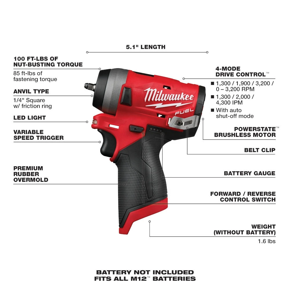 Milwaukee M12 2552-20 M12 FUEL 12V 1/4-Inch Stubby Impact Wrench - Bare Tool Tools & Equipment 9 Milwaukee M12 2552-20 M12 FUEL 12V 1/4-Inch Stubby Impact Wrench - Bare Tool Tools & Equipment