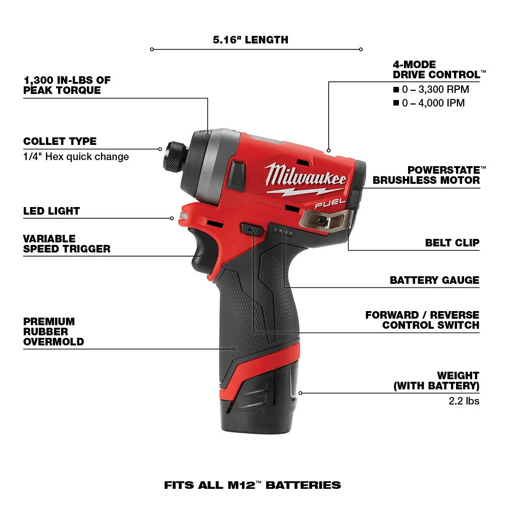 Milwaukee 2553-22 M12 FUEL 12V 1/4-Inch Hex Impact Driver Kit Tools & Equipment 10 Milwaukee 2553-22 M12 FUEL 12V 1/4-Inch Hex Impact Driver Kit Tools & Equipment