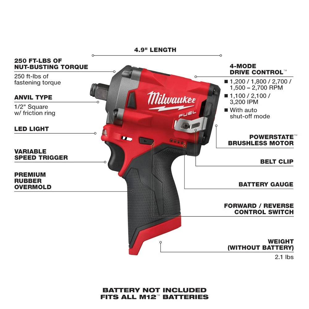 Tools & Equipment Milwaukee M12 2555-20 M12 FUEL 12V 1/2-Inch Stubby Impact Wrench - Bare Tool 9 Tools & Equipment Milwaukee M12 2555-20 M12 FUEL 12V 1/2-Inch Stubby Impact Wrench - Bare Tool