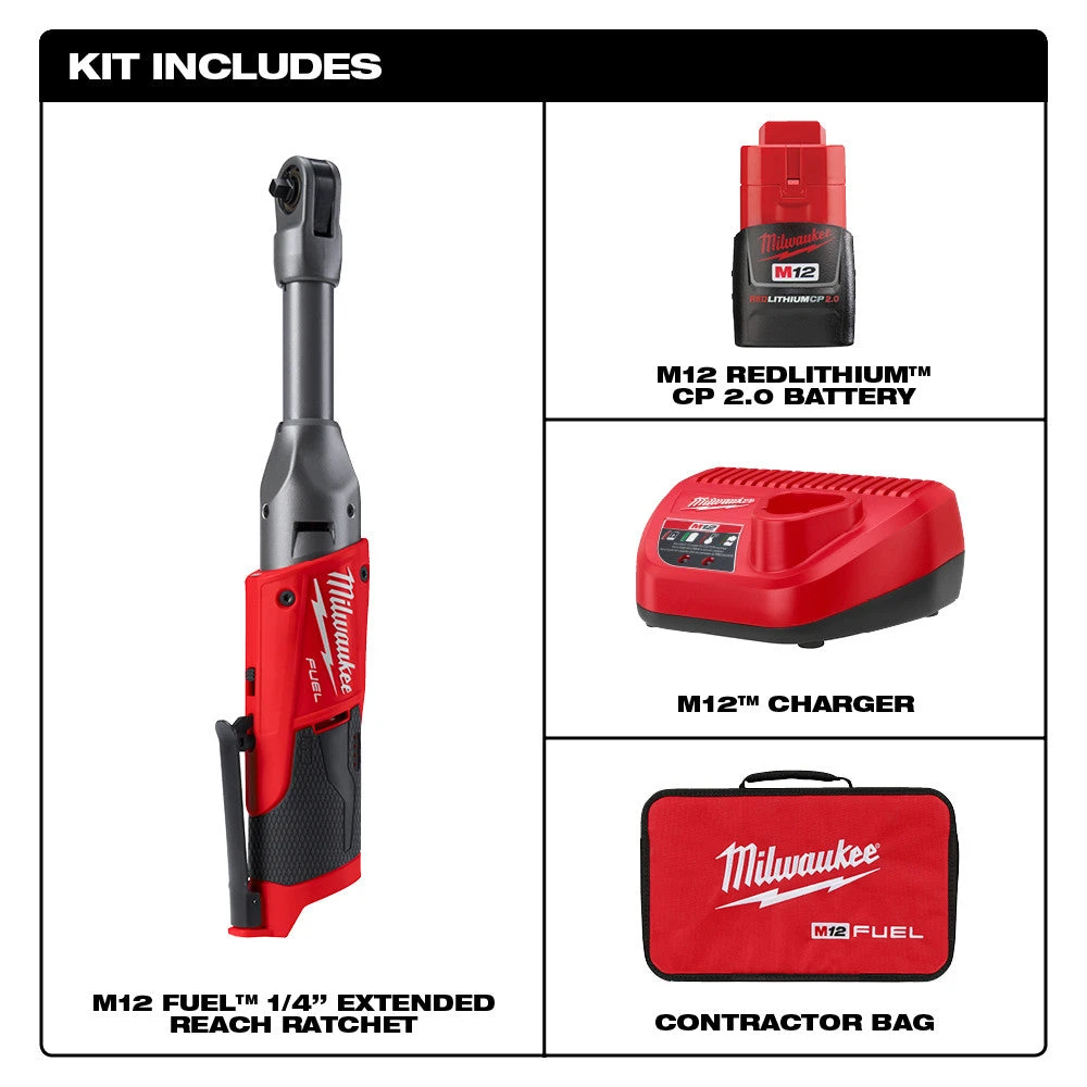 Milwaukee 2559-21 M12 FUEL 12V 1/4 Inch Extended Reach Ratchet Kit with 2.0 AH Battery | Compact & Powerful 4 Tools & Equipment Milwaukee 2559-21 M12 FUEL 12V 1/4 Inch Extended Reach Ratchet 2.0 AH Kit