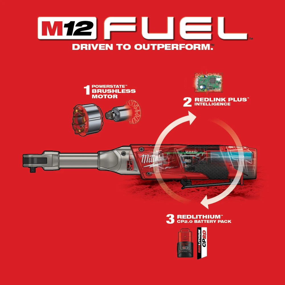 Milwaukee 2559-21 M12 FUEL 12V 1/4 Inch Extended Reach Ratchet Kit with 2.0 AH Battery | Compact & Powerful 9 Tools & Equipment Milwaukee 2559-21 M12 FUEL 12V 1/4 Inch Extended Reach Ratchet 2.0 AH Kit