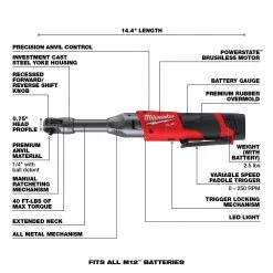 Milwaukee 2559-21 M12 FUEL 12V 1/4 Inch Extended Reach Ratchet Kit with 2.0 AH Battery | Compact & Powerful 23 Tools & Equipment Milwaukee 2559-21 M12 FUEL 12V 1/4 Inch Extended Reach Ratchet 2.0 AH Kit