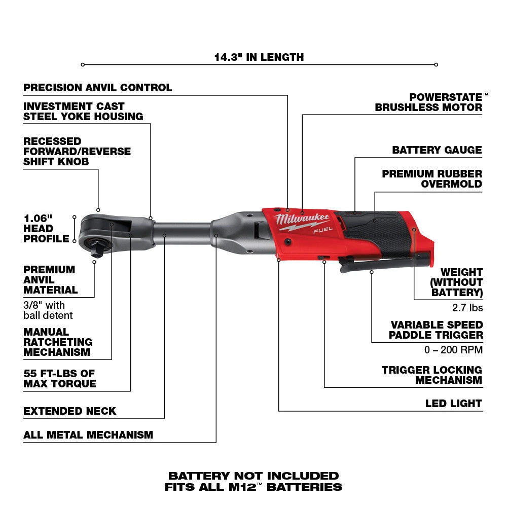 Milwaukee 2560-20 M12 FUEL 12V 3/8 Inch Extended Reach Ratchet Bare Tool 9 Milwaukee 2560-20 M12 FUEL 12V 3/8 Inch Extended Reach Ratchet Bare Tool