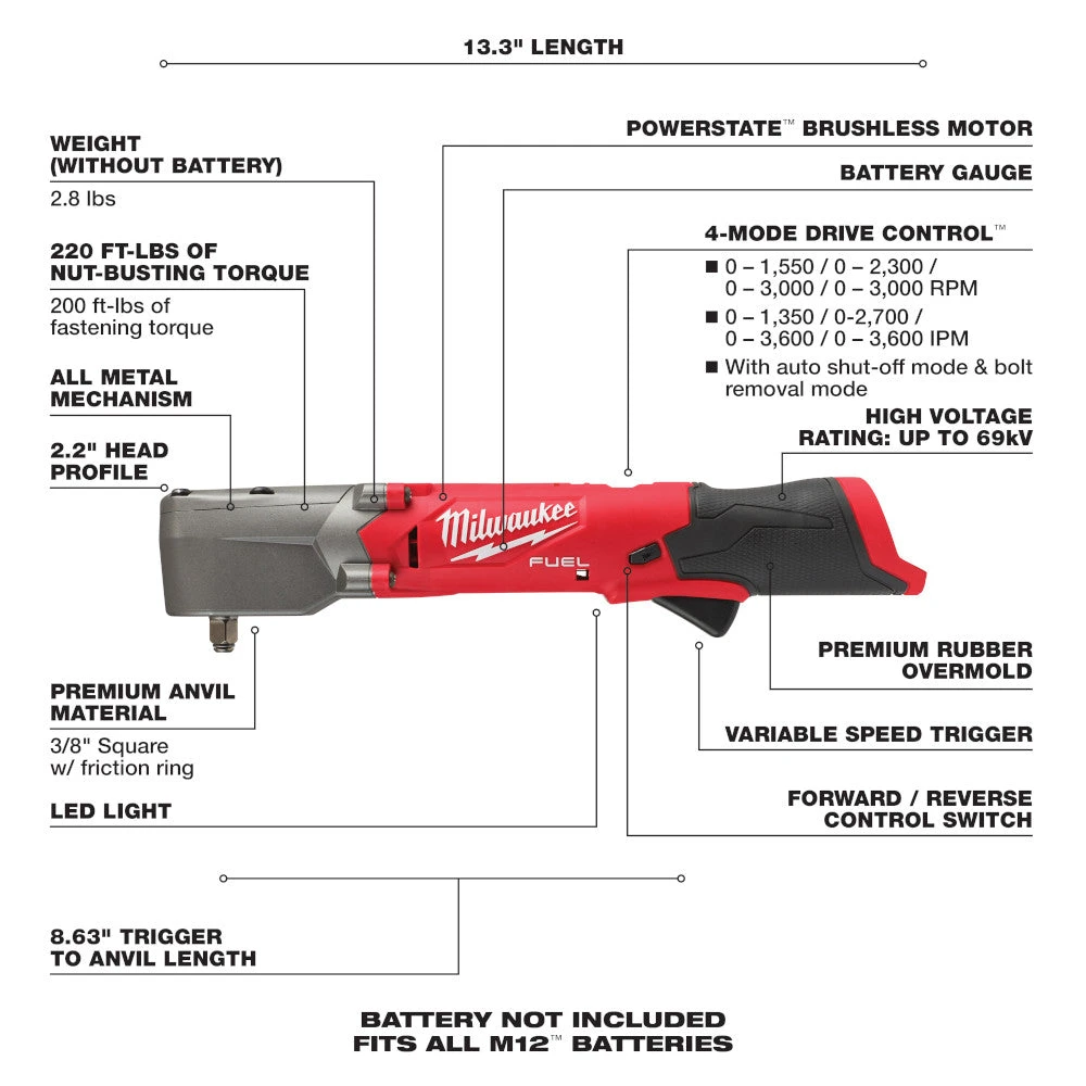 Tools & Equipment Milwaukee 2564-20 M12 FUEL 12V 3/8" Cordless Right Angle Impact Wrench-Bare Tool 8 Tools & Equipment Milwaukee 2564-20 M12 FUEL 12V 3/8" Cordless Right Angle Impact Wrench-Bare Tool