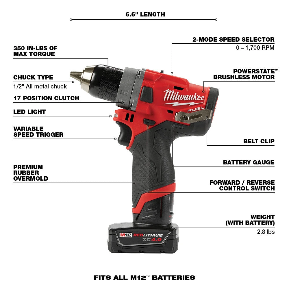 Milwaukee 2596-22 M12 FUEL 12V 2-Tool Drill Driver/Hex Impact Driver Combo Kit - Power Tools Combo Kit 6 Milwaukee 2596-22 M12 FUEL 12V 2-Tool Drill Driver/Hex Impact Driver Combo Kit