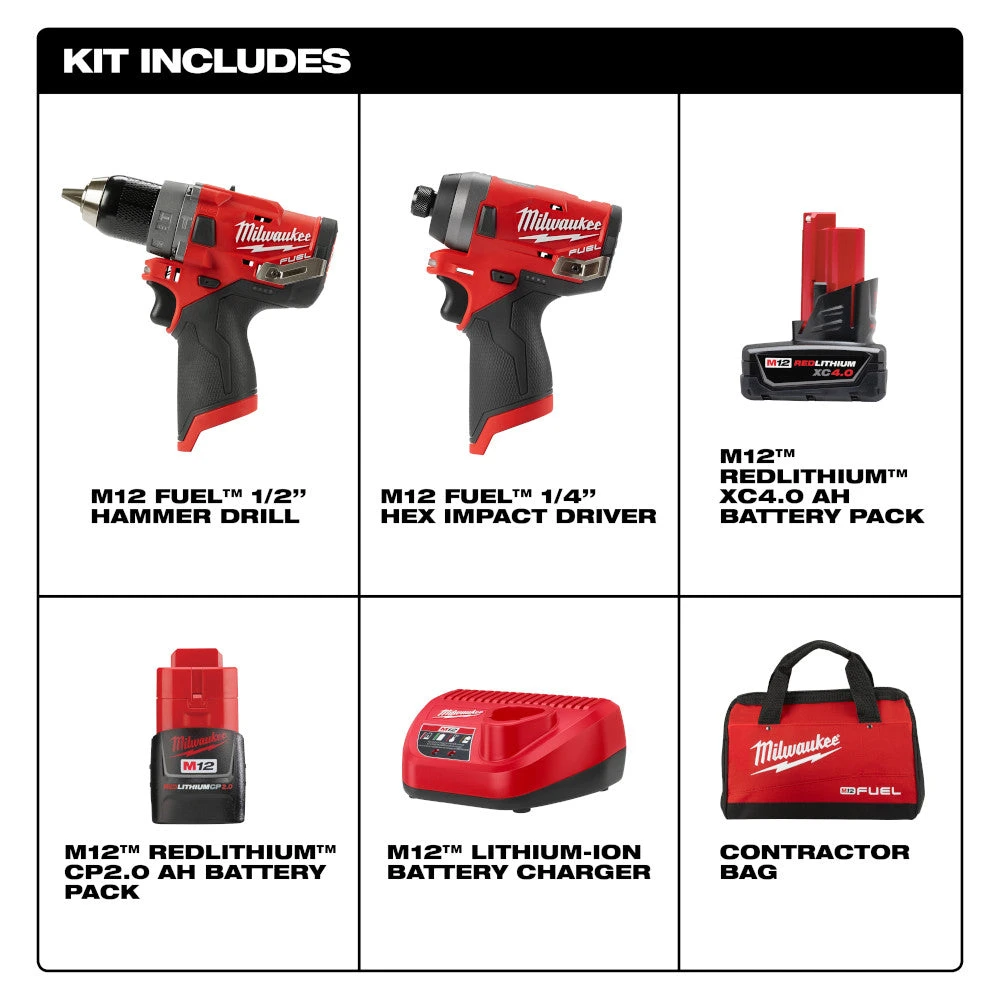 Milwaukee 2598-22 M12 FUEL 12V 2-Tool Hammer Drill And Impact Driver Combo Kit 4 Milwaukee 2598-22 M12 FUEL 12V 2-Tool Hammer Drill And Impact Driver Combo Kit