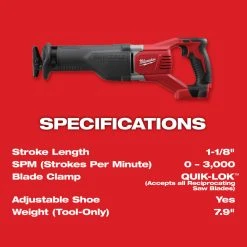 Milwaukee 2621-20 M18 18V 18-Inch SAWZALL Reciprocating Saw - Bare Tool Tools & Equipment