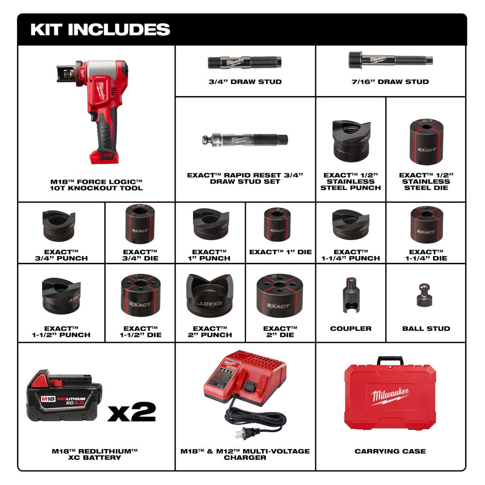 Milwaukee 2676-22 M18 18V FORCE LOGIC 10T Knockout Tool Kit with 1/2" - 2" Capacity - Electrician Specialty Tool 4 Tools & Equipment Milwaukee 2676-22 M18 18V FORCE LOGIC 10T Knockout Tool Kit W/ 1/2" -2" Capacity