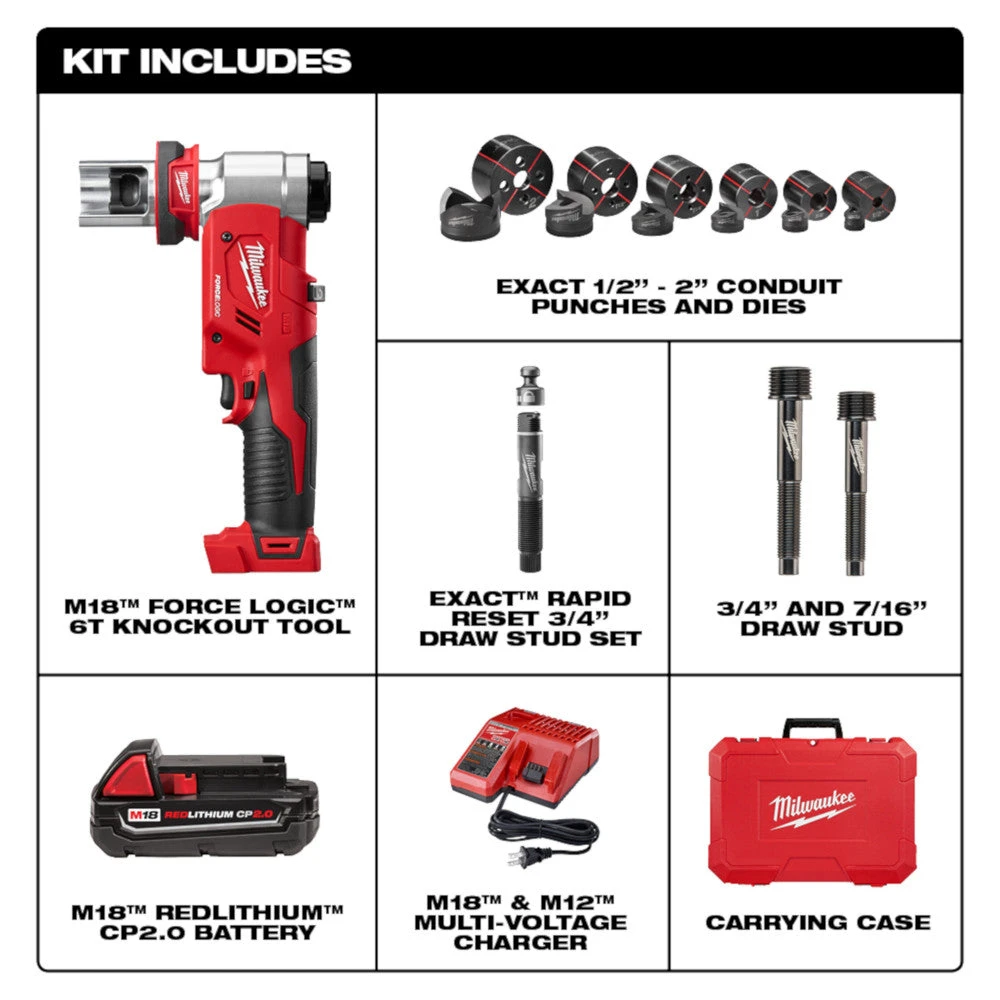 Milwaukee 2677-21 M18 18V FORCE LOGIC 6T Knockout Tool Kit with 1/2" - 4" Capacity | Electrician Specialty Tools 4 Milwaukee 2677-21 M18 18V FORCE LOGIC 6T Knockout Tool Kit W/ 1/2" - 4" Capacity Tools & Equipment