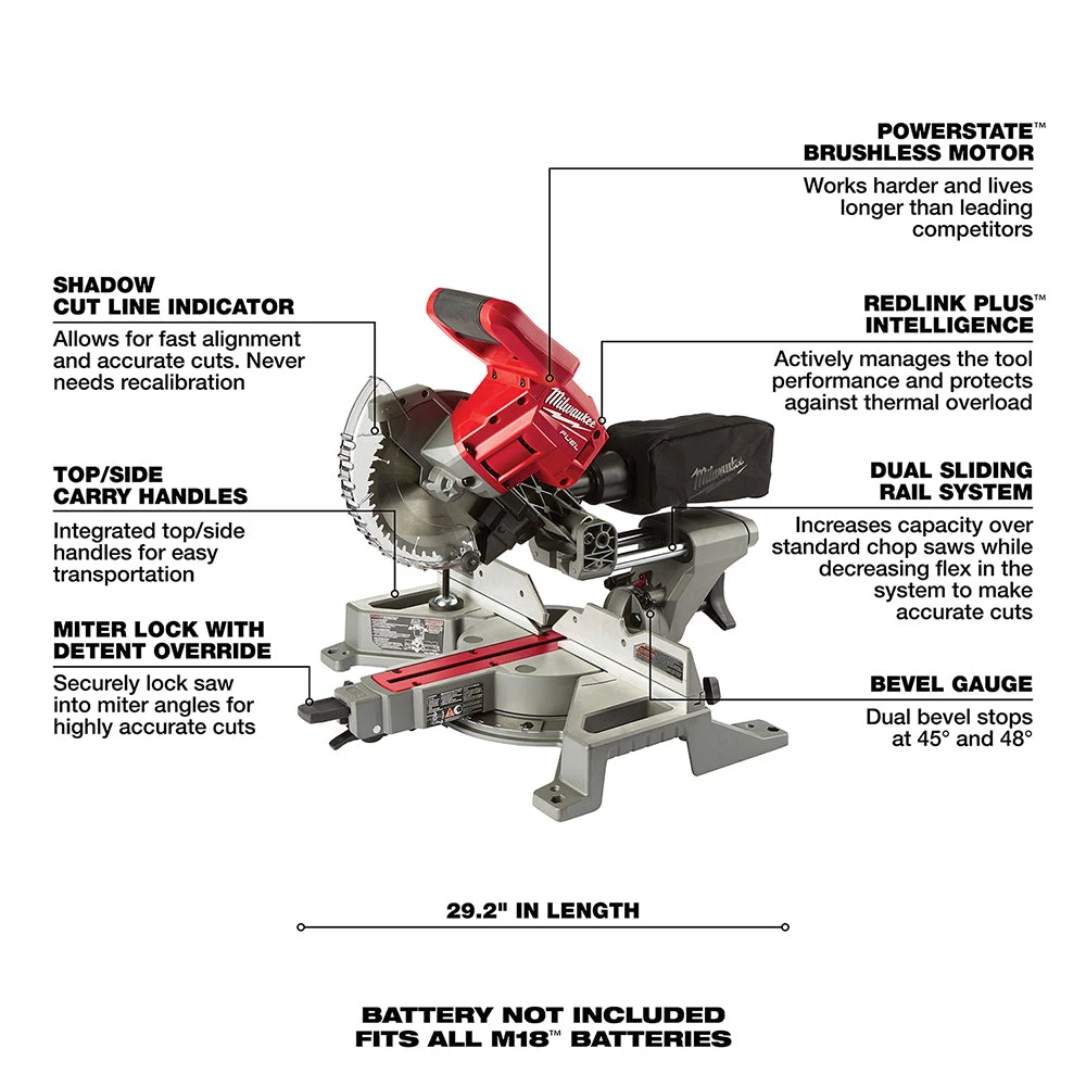 Milwaukee 2733-20 M18 FUEL 18V 7-1/4" Dual Bevel Sliding Miter Saw - Bare Tool 8 Milwaukee 2733-20 M18 FUEL 18V 7-1/4" Dual Bevel Sliding Miter Saw - Bare Tool