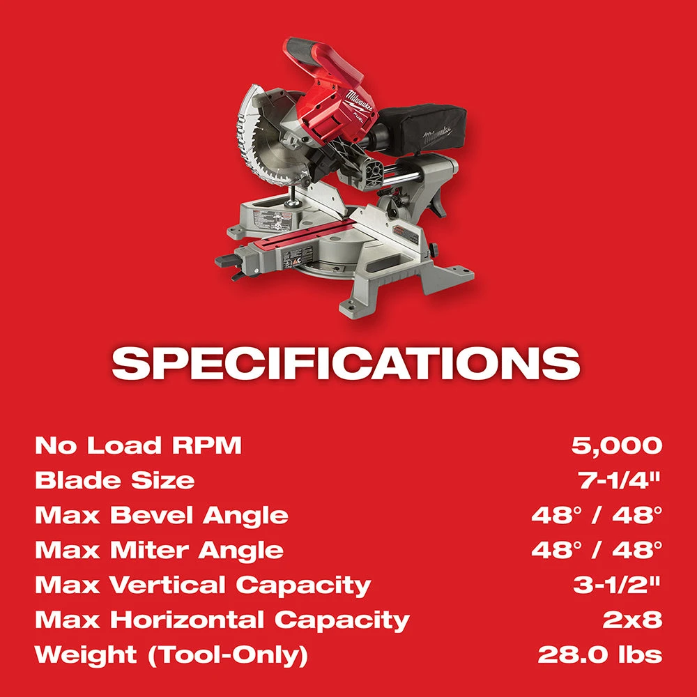 Milwaukee 2733-20 M18 FUEL 18V 7-1/4" Dual Bevel Sliding Miter Saw - Bare Tool 9 Milwaukee 2733-20 M18 FUEL 18V 7-1/4" Dual Bevel Sliding Miter Saw - Bare Tool