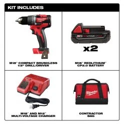Milwaukee 2801-22CT M18 18V 1/2-Inch Compact LED Brushless Drill Driver Kit Tools & Equipment