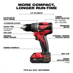 Milwaukee 2801-22CT M18 18V 1/2-Inch Compact LED Brushless Drill Driver Kit Tools & Equipment 12 Milwaukee 2801-22CT M18 18V 1/2-Inch Compact LED Brushless Drill Driver Kit Tools & Equipment