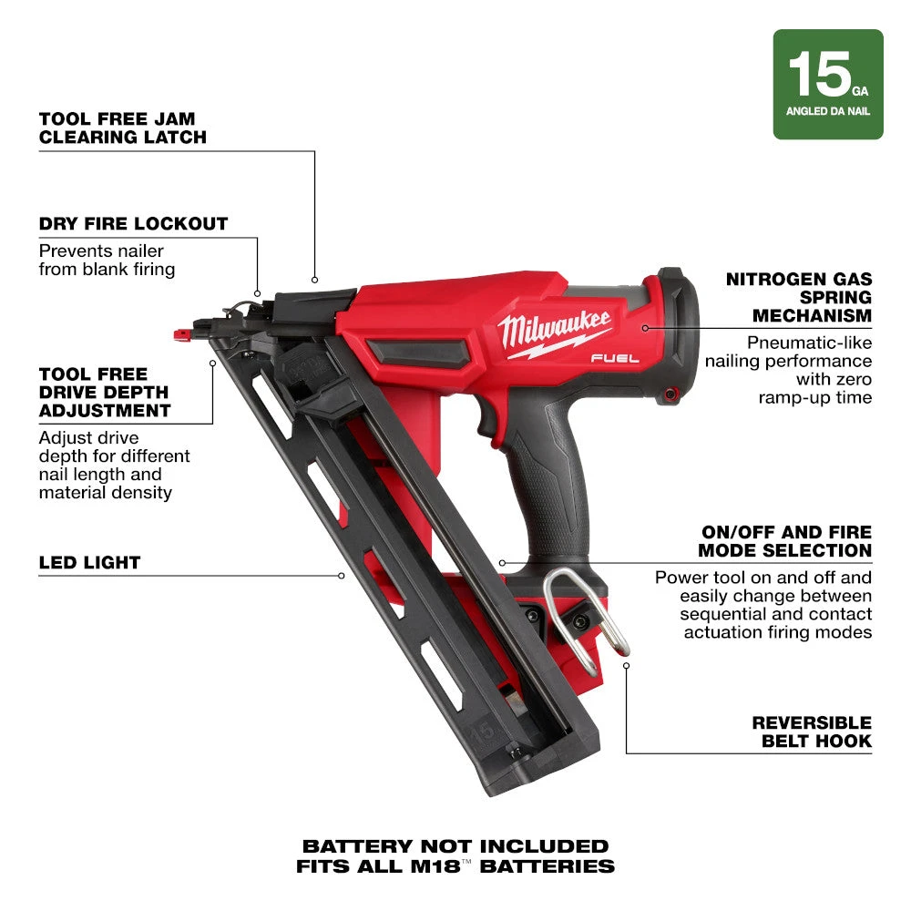 Milwaukee 2839-20 M18 FUEL Ergonomic Cordless 15 Gauge Finish Nailer - Bare Tool 5 Milwaukee 2839-20 M18 FUEL Ergonomic Cordless 15 Gauge Finish Nailer - Bare Tool