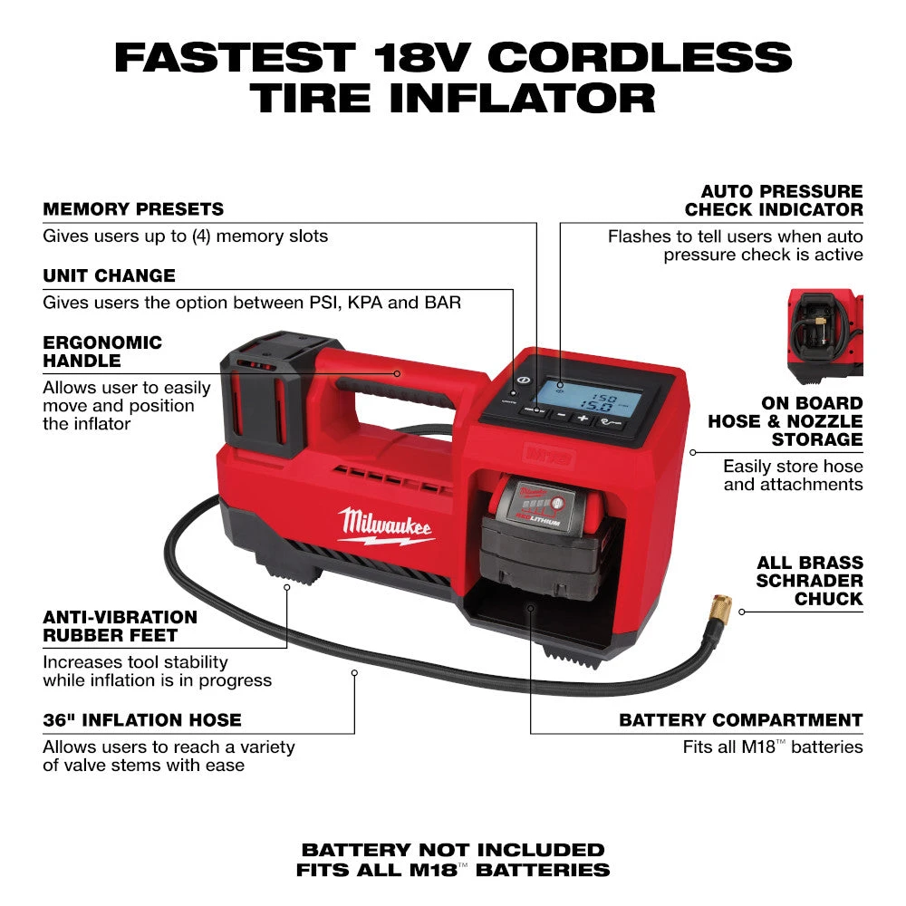 Milwaukee 2848-20 M18 18V Cordless Li-Ion Inflator - Bare Tool Tools & Equipment 5 Milwaukee 2848-20 M18 18V Cordless Li-Ion Inflator - Bare Tool Tools & Equipment