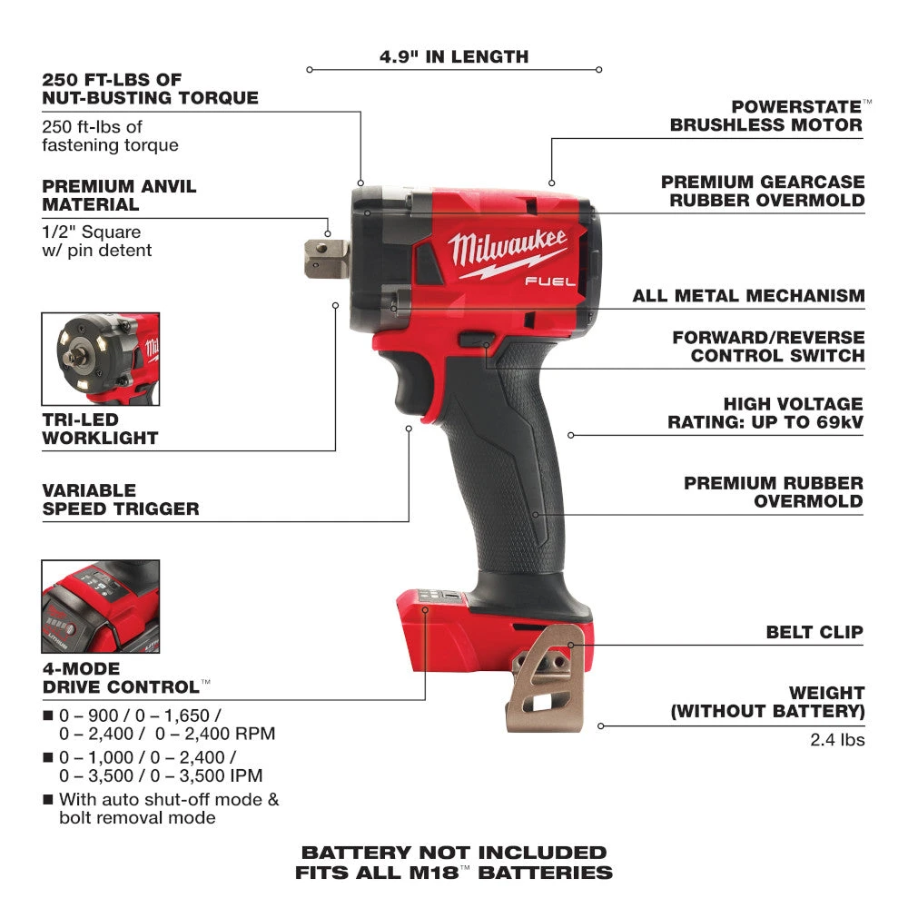 Milwaukee 2855P-20 M18 FUEL 18V 1/2" Impact Wrench W/ Pin Detent - Bare Tool Tools & Equipment 9 Milwaukee 2855P-20 M18 FUEL 18V 1/2" Impact Wrench W/ Pin Detent - Bare Tool Tools & Equipment