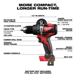Milwaukee 2902-20 M18 18V 1/2-Inch Brushless Hammer Drill - Bare Tool Tools & Equipment 9 Milwaukee 2902-20 M18 18V 1/2-Inch Brushless Hammer Drill - Bare Tool Tools & Equipment