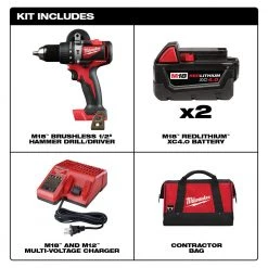 Tools & Equipment Milwaukee 2902-22 M18 18V 1/2-Inch Cordless Brushless Hammer Drill Kit