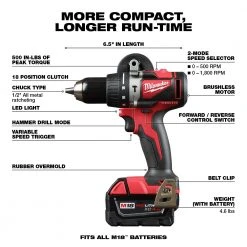 Tools & Equipment Milwaukee 2902-22 M18 18V 1/2-Inch Cordless Brushless Hammer Drill Kit