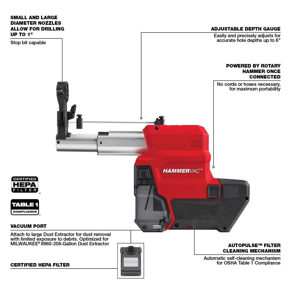 Milwaukee 2912-DE M18 FUEL HAMMERVAC 1" Dedicated Dust Extractor - Bare Tool | Powerful Dust Extraction | M18 FUEL System 9 Milwaukee 2912-DE M18 FUEL HAMMERVAC 1" Dedicated Dust Extractor - Bare Tool