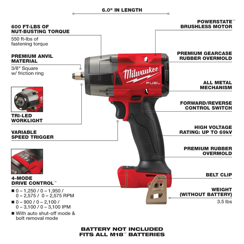 Milwaukee 2960-20 M18 FUEL 18V 3/8" Cordless Mid-Torque Impact Wrench -Bare Tool 9 Milwaukee 2960-20 M18 FUEL 18V 3/8" Cordless Mid-Torque Impact Wrench -Bare Tool