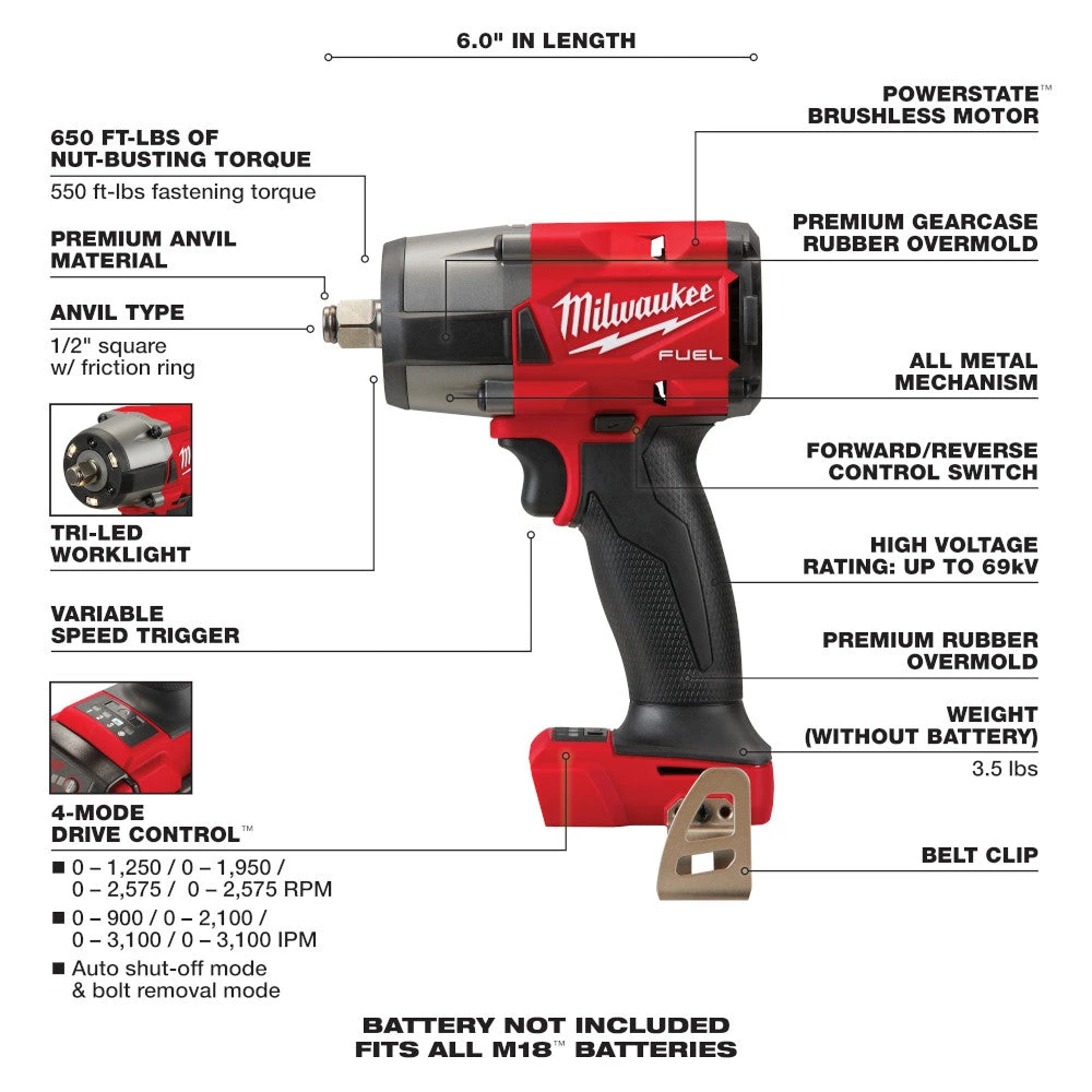 Milwaukee 2962-20 M18 FUEL 18V 1/2" Cordless Mid-Torque Impact Wrench -Bare Tool Tools & Equipment 9 Milwaukee 2962-20 M18 FUEL 18V 1/2" Cordless Mid-Torque Impact Wrench -Bare Tool Tools & Equipment
