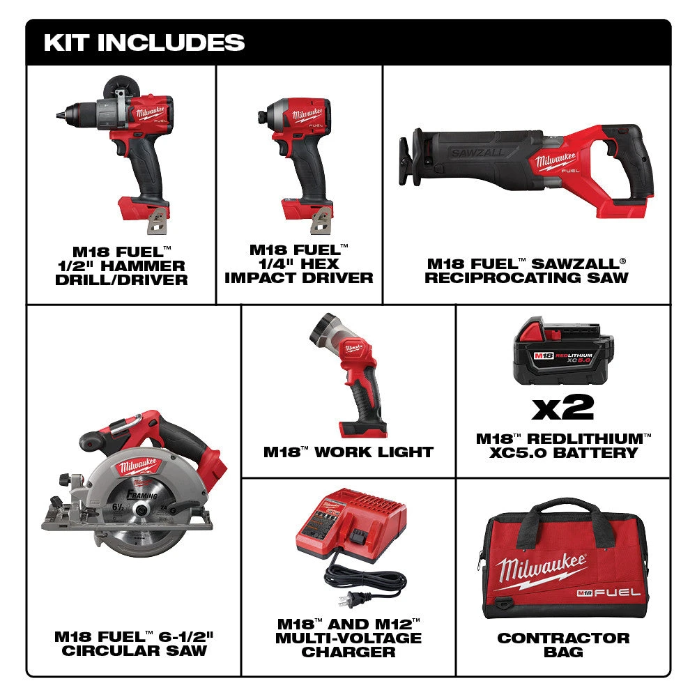 Tools & Equipment Milwaukee 2998-25 M18 FUEL 18V Lithium-Ion Brushless Cordless Combo Kit - 5 PC 4 Tools & Equipment Milwaukee 2998-25 M18 FUEL 18V Lithium-Ion Brushless Cordless Combo Kit - 5 PC