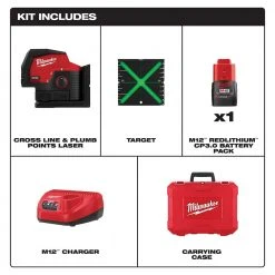 Milwaukee 3622-21 M12 12V Li-Ion Green Cross Line W/Plumb Points Laser Level Kit Tools & Equipment