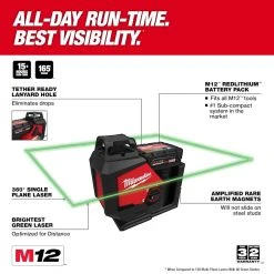 Milwaukee 3631-21 M12 360 Degree Green Beam Single Plane Laser Kit
