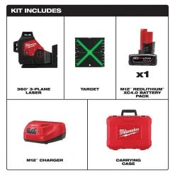 Tools & Equipment Milwaukee 3632-21 M12 12V Lithium-Ion Cordless Green 3-Plane Laser Level Kit