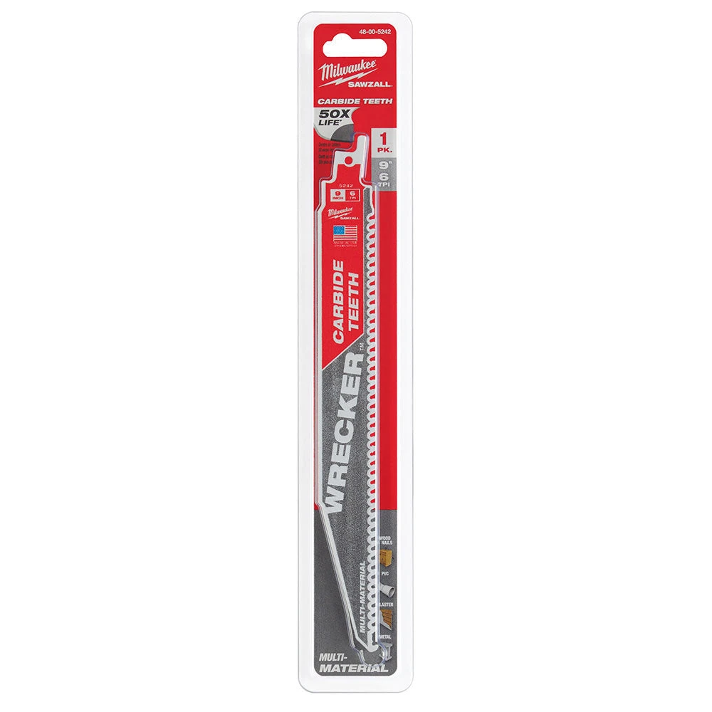 Tools & Equipment Milwaukee 48-00-5242 9" 6 TPI THE WRECKER W/ Carbide Teeth SAWZALL Blade - 1 PK 4 Tools & Equipment Milwaukee 48-00-5242 9" 6 TPI THE WRECKER W/ Carbide Teeth SAWZALL Blade - 1 PK